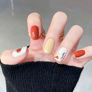 Press On Nails Short Square Red Orange Yellow Glossy Hand Painted Pattern Removable Reusable Artificial Fingernails