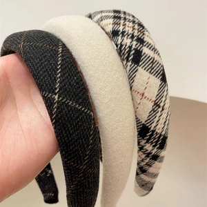 Three-piece retro plaid and solid fabric headbands in black gold, cream, and beige wool