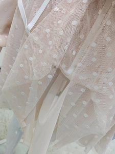 Detail of light pink cutout mesh dress featuring polka dot lace and puff sleeves