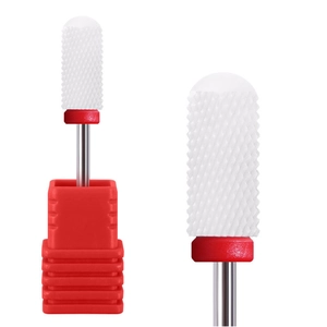 White bullet ceramic nail drill bit with red collar and holder for electric nail machine
