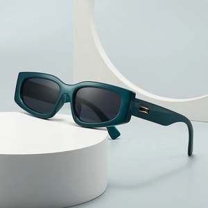 Modern rectangular dark green sunglasses with black lenses and metal temple accents