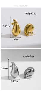 Polished teardrop earrings in gold and silver finish with detailed size measurements