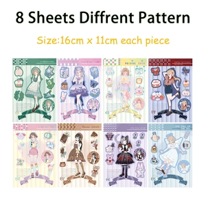 Flat lay of 8 sheets colorful cartoon girl stickers for phone case and DIY journaling