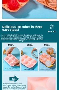 Detailed view of pink silicone rose ice mold with snap lid and water fill line guide