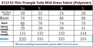 Detailed size guide for tulle midi dress including chest, waist and length measurements