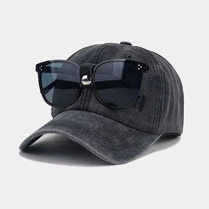 Vintage charcoal washed cotton baseball cap featuring attached aviator sunglasses