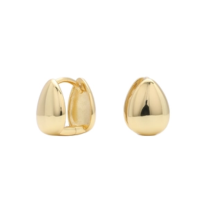 Detailed view of polished gold teardrop hoop earrings with high shine finish