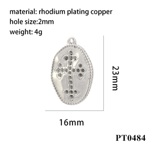 Detailed size chart for rhodium-plated copper cross pendant with 2mm hole and dimensions