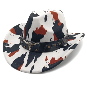 Classic western cowboy hat with cow print pattern and metal bull head buckle on leather band