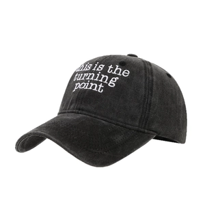 Vintage washed cotton baseball cap in charcoal black with white turning point embroidery