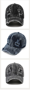 Detailed close-up showing washed denim texture and distressed holes on vintage baseball caps