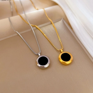 Minimalist titanium steel circle pendant necklaces in gold and silver with black shell inlay