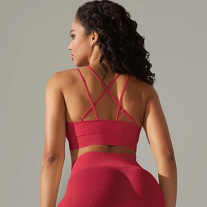 Rear view of dark pink seamless sports bra with criss-cross back straps and ribbed texture