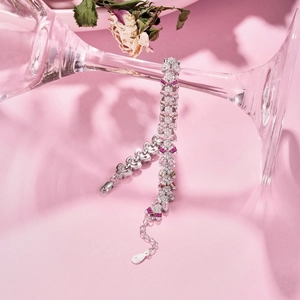 Elegant S925 sterling silver flower bracelet with sparkling pink zircon stones