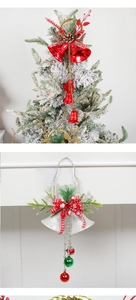Detailed views of festive Christmas bells with pine cones and ribbons on holiday branches