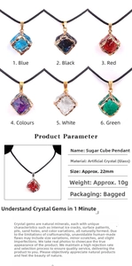Macro display of cube crystal pendants in six colors with black cord necklaces