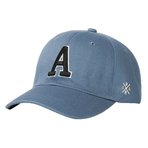 Gray blue cotton baseball cap with embroidered letter A and adjustable strap