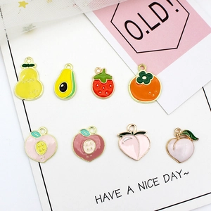 Cute fruit-shaped enamel charms for DIY jewelry making including strawberry and peach