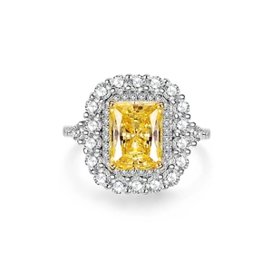 Luxury S925 sterling silver ring featuring a radiant cut yellow gem with halo diamond setting