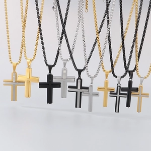 Minimalist double layer stainless steel cross pendant necklaces in gold silver and black