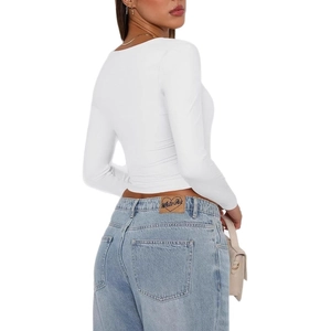 White long sleeve crop top with square neck and slim fit style seen from the back
