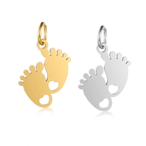 Polished stainless steel baby feet pendants in gold and silver with heart cutout