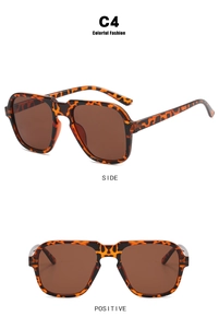Detail view of tortoiseshell aviator sunglasses with brown lenses from front and side angles