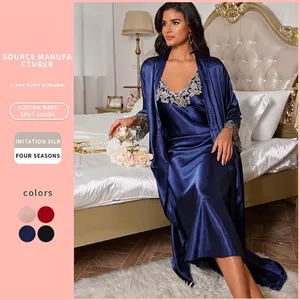 Robe De Nuit En Satin Pour Femmes Et Chemise De Nuit En Dentelle À Col En V Vêtements De Nuit Imitation Satin Longue