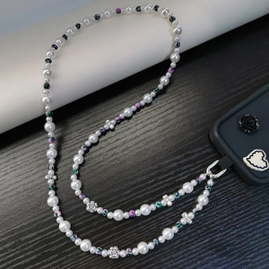 French style pearl beaded crossbody phone strap with floral metal charms and beads
