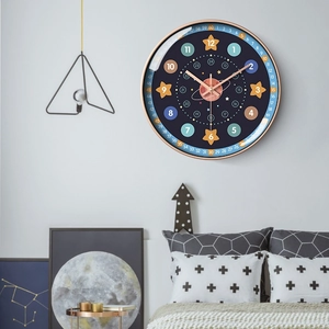 Silent educational wall clock with blue space theme and rose gold frame for kids room