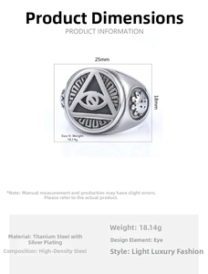 Detailed size specifications and macro view of silver Eye of Horus stainless steel ring