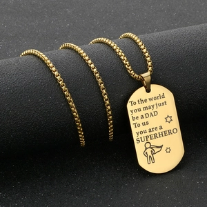 Golden stainless steel military tag necklace with Dad superhero engraving and box chain