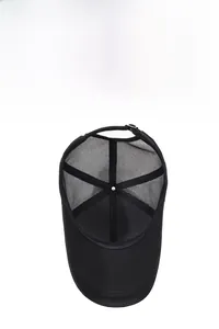 Detail view of breathable black mesh fabric and adjustable metal buckle on summer cap