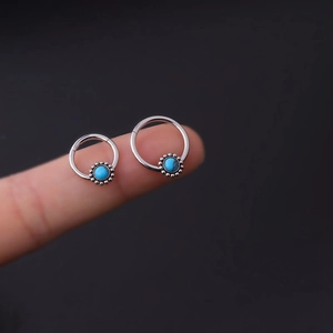 Silver stainless steel seamless nose ring set with round blue turquoise stone inlay