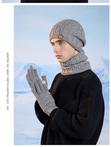 Close-up of grey cable knit winter set with touchscreen gloves and earmuff hat detail