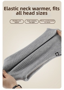 Detail of grey knitted neck warmer showing high elasticity and ribbed texture with logo
