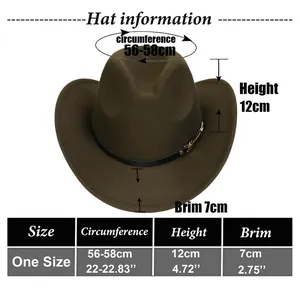 Size guide for western felt hat showing 58cm circumference and 7cm brim width measurements