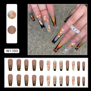 Long ballet coffin press-on nails with dark flame and autumn maple leaf design