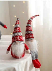Close-up of Christmas gnome dolls with knitted hats and faux fur beards in cozy home setting