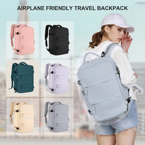 Airplane friendly travel backpack shown in light blue with six color variants display