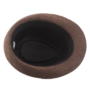 Detail of dark brown linen fedora hat showing coarse woven texture and inner sweatband