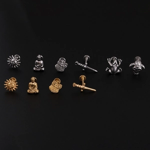 Detailed collection of assorted stainless steel lip and cartilage studs in gold and silver