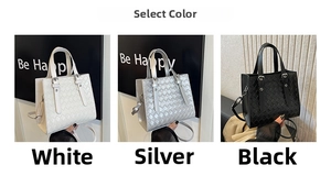 Detailed comparison of woven leather tote bags in white, silver and black finishes