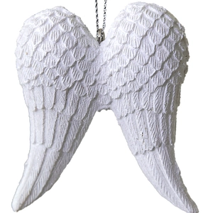 White angel wing Christmas ornament with feather texture and silver string for tree decor