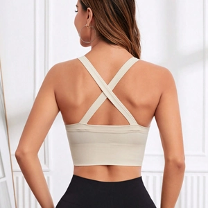 Soutien-gorge de sport beige clair antichoc avec bretelles croisées et maille côtelée