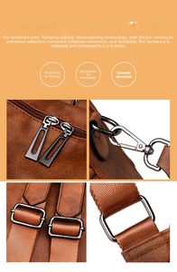 Detail of dark gunmetal zipper and D-ring on vintage brown leather backpack