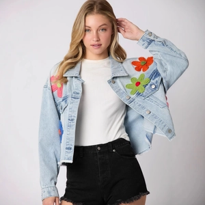 Light blue denim jacket with colorful 3D crochet flowers and long sleeves for women