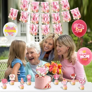 Close-up of Happy Mother's Day party decorations including pink balloons and banner