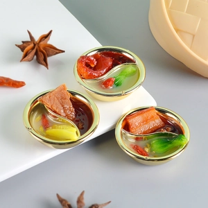 Miniature realistic food model set featuring three classic Chinese dishes in gold-rimmed bowls