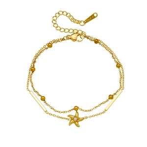 Gold-plated stainless steel layered bracelet with starfish pendant and cubic zirconia